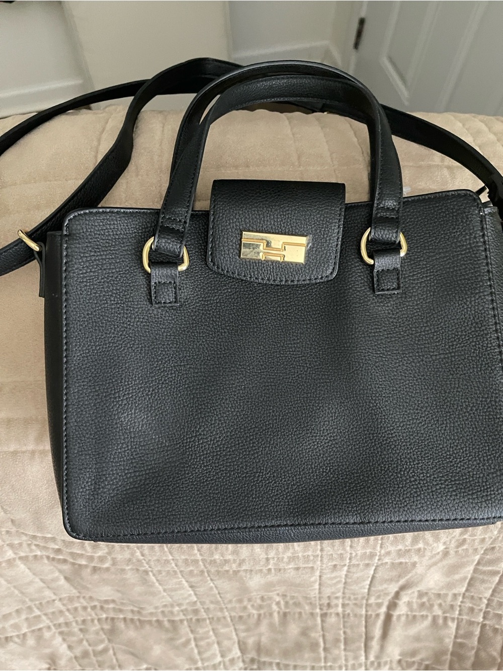 Tommy Hilfiger Black Pebbled Leather Satchel with Gold Hardware